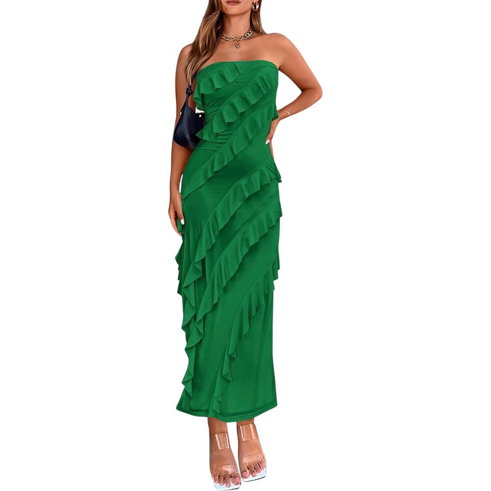 BTFBM Women’s XXL Green Strapless Ruffle Bodycon Maxi Dress NWT Elegant Party